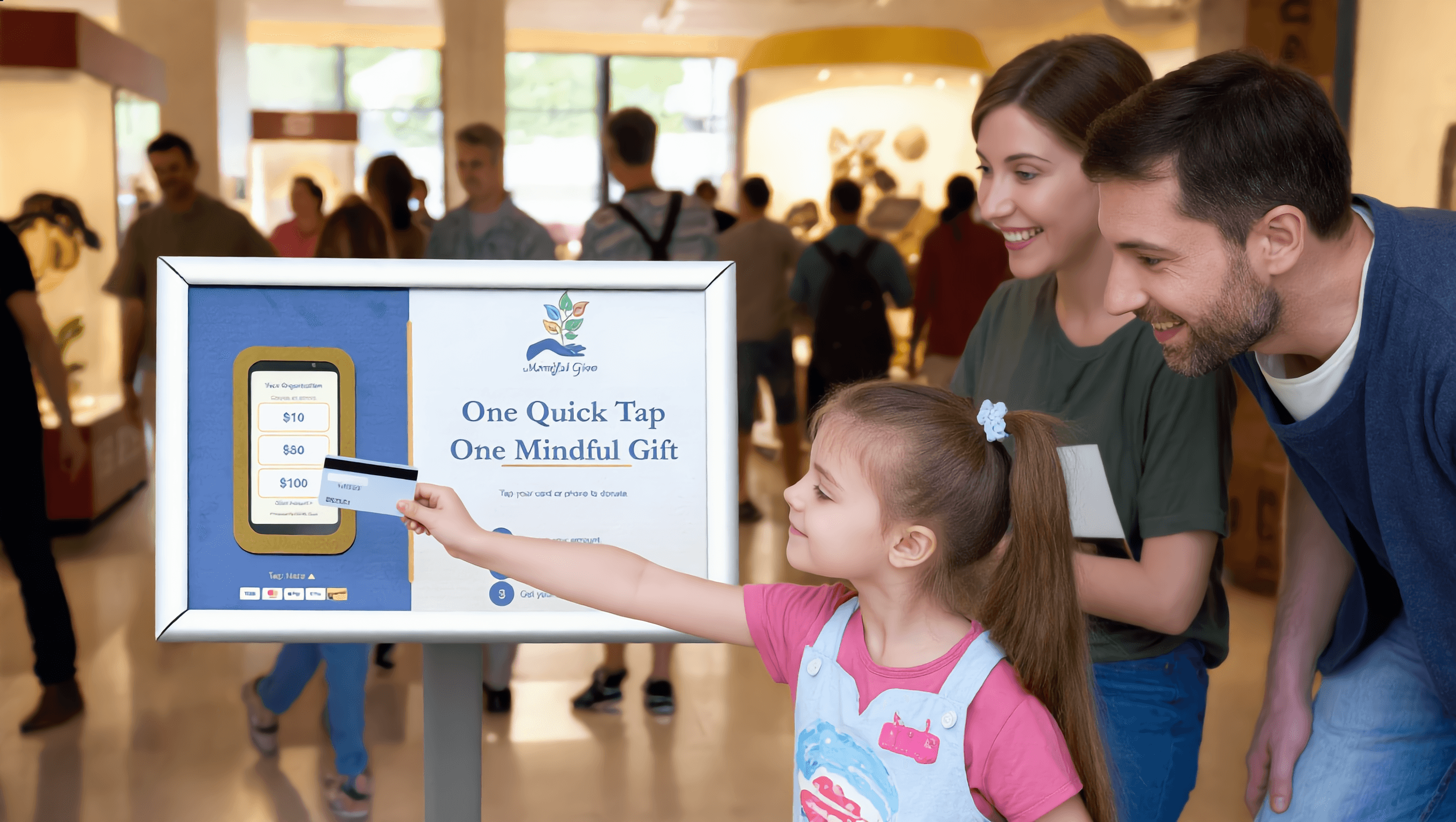 A young girl taps a card on a Quick Tap kiosk in a museum lobby while her parents smile beside her