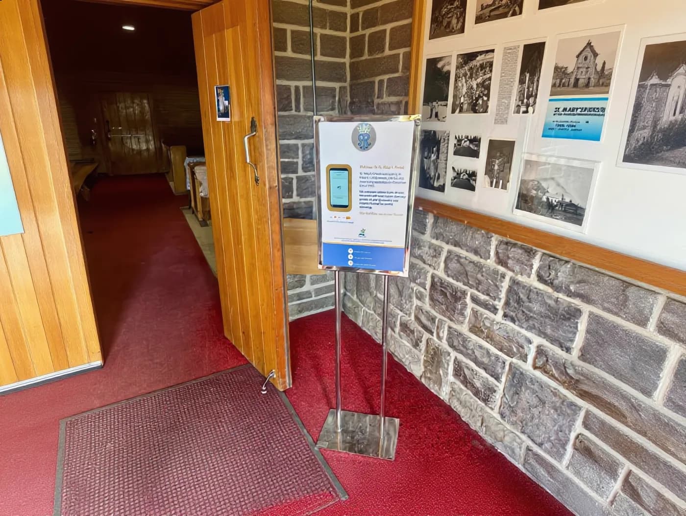 St. Mary's Parish Quick Tap donation stand in the church entrance, Banff, Alberta