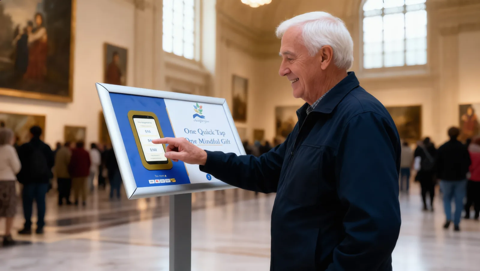 A donor tapping a card on a Quick Tap kiosk in a gallery lobby