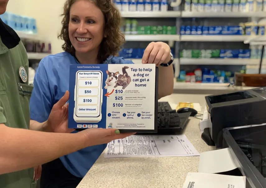 A clinic staff member holding the tabletop at the counter